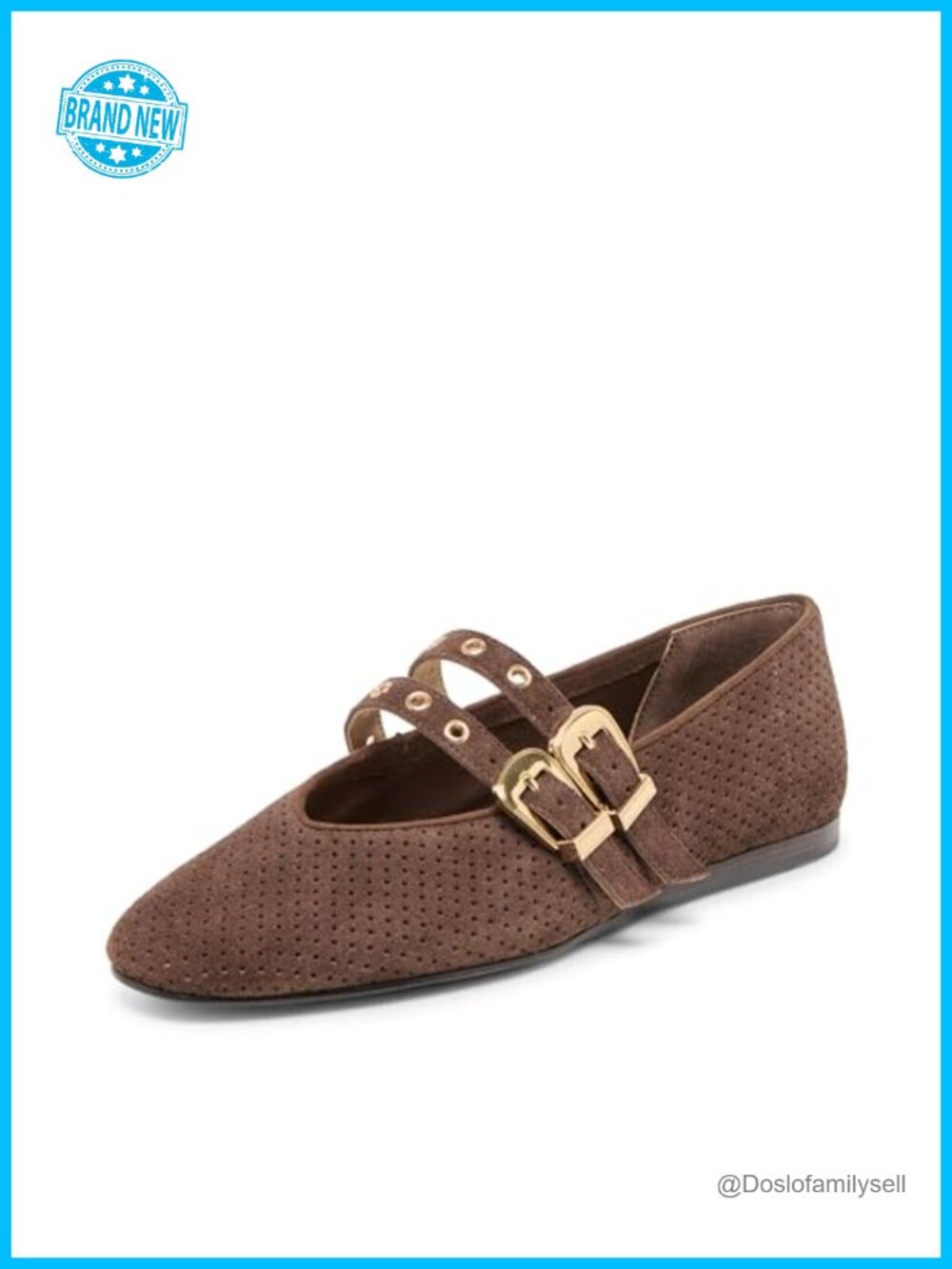 Perforated Suede Ballet Flats Double Strap Mary Jane Buckle